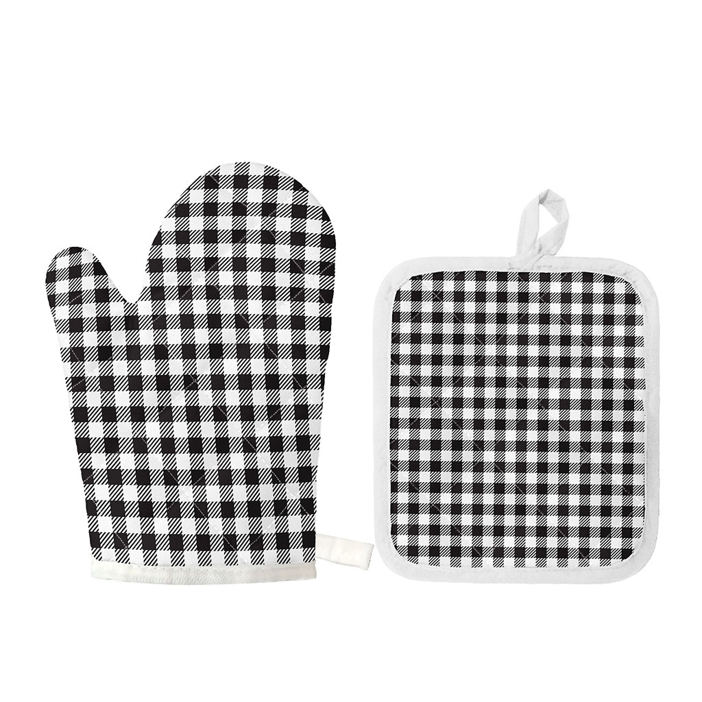 Black And White Gingham Pattern Print Oven Mitt And Pot Holder Set