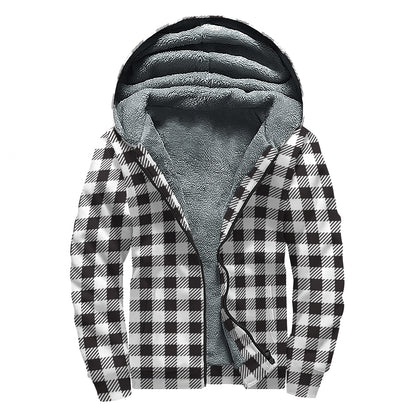 Black And White Gingham Pattern Print Sherpa Lined Zip Up Hoodie