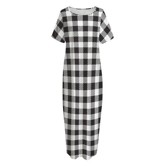 Black And White Gingham Pattern Print Short Sleeve Long Nightdress