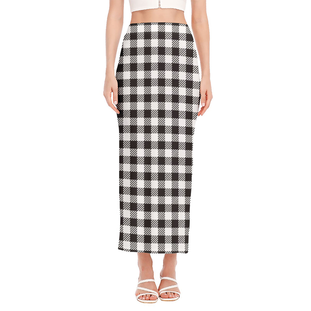 Black And White Gingham Pattern Print Side Slit Maxi Skirt