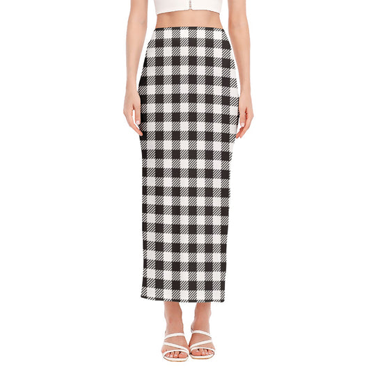 Black And White Gingham Pattern Print Side Slit Maxi Skirt