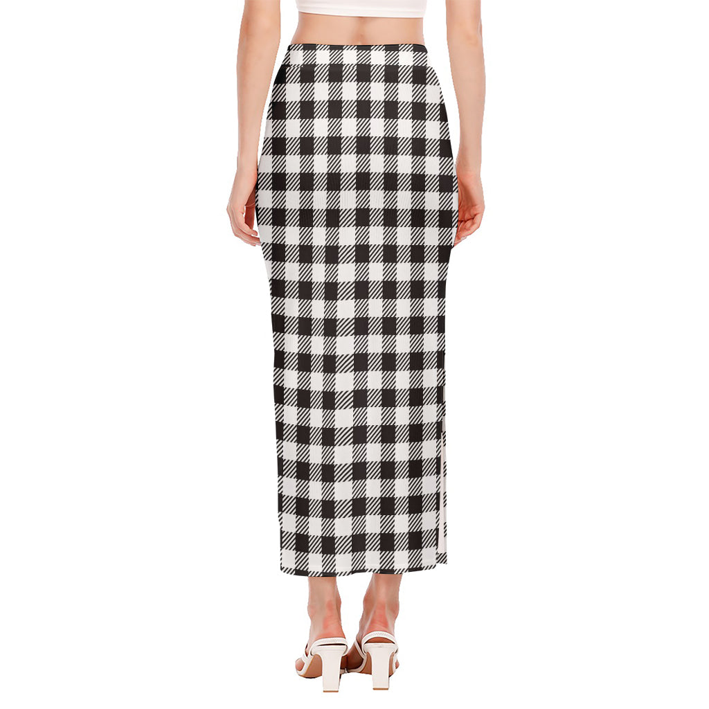 Black And White Gingham Pattern Print Side Slit Maxi Skirt