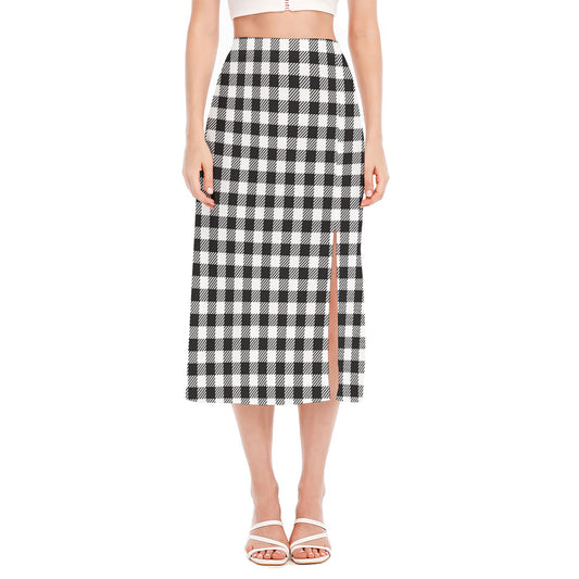Black And White Gingham Pattern Print Side Slit Midi Skirt
