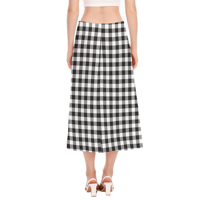 Black And White Gingham Pattern Print Side Slit Midi Skirt