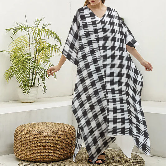 Black And White Gingham Pattern Print Silk V-Neck Kaftan Dress