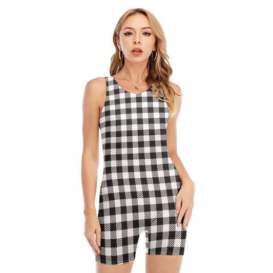 Black And White Gingham Pattern Print Sleeveless One Piece Swimsuit