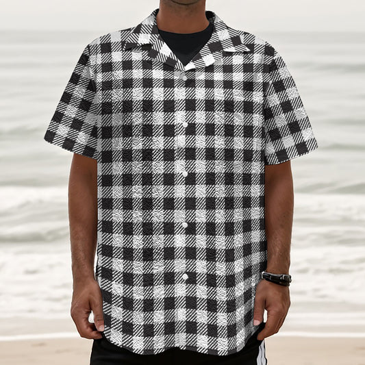 Black And White Gingham Pattern Print Textured Short Sleeve Shirt