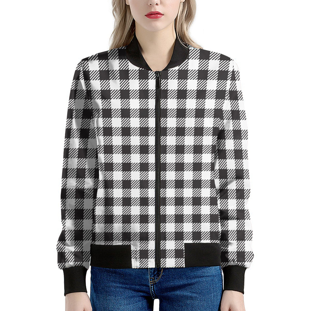Black And White Gingham Pattern Print Women's Bomber Jacket