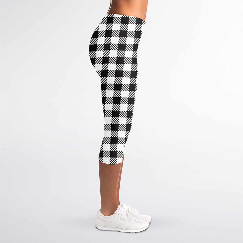 Black And White Gingham Pattern Print Women's Capri Leggings