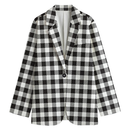 Black And White Gingham Pattern Print Women's Cotton Blazer