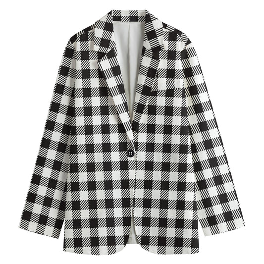 Black And White Gingham Pattern Print Women's Cotton Blazer