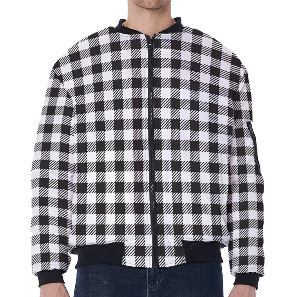 Black And White Gingham Pattern Print Zip Sleeve Bomber Jacket