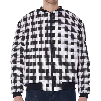 Black And White Gingham Pattern Print Zip Sleeve Bomber Jacket