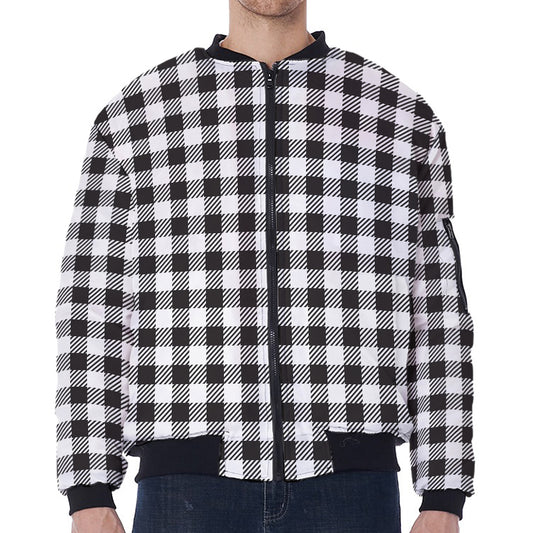 Black And White Gingham Pattern Print Zip Sleeve Bomber Jacket