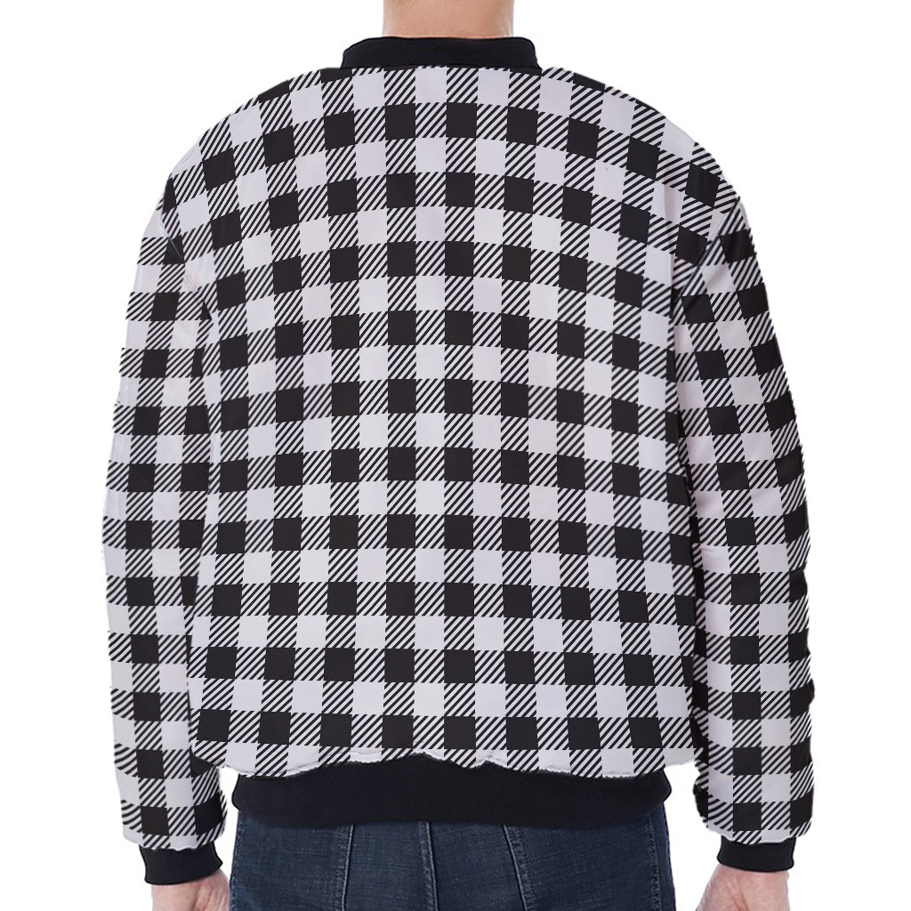 Black And White Gingham Pattern Print Zip Sleeve Bomber Jacket