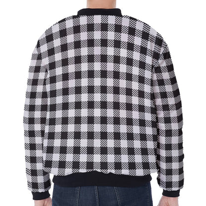 Black And White Gingham Pattern Print Zip Sleeve Bomber Jacket