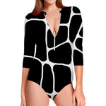 Black And White Giraffe Pattern Print Long Sleeve Swimsuit