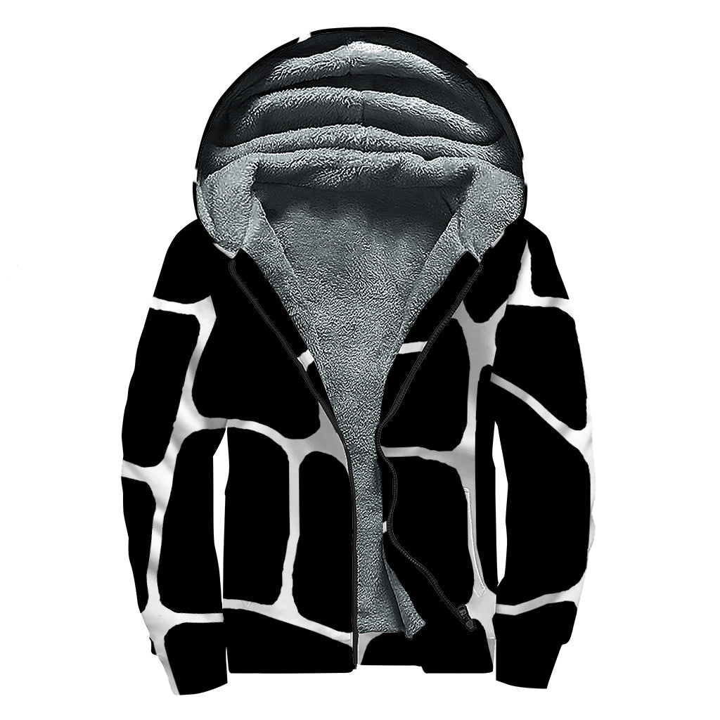 Black And White Giraffe Pattern Print Sherpa Lined Zip Up Hoodie