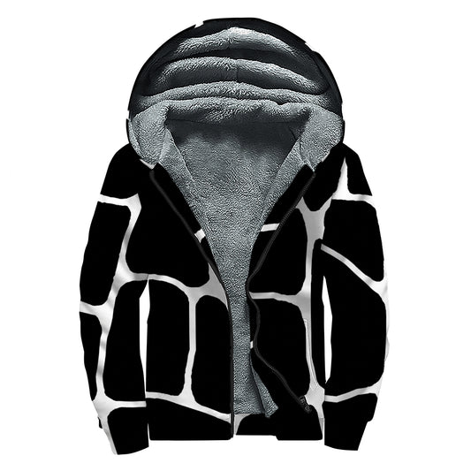 Black And White Giraffe Pattern Print Sherpa Lined Zip Up Hoodie