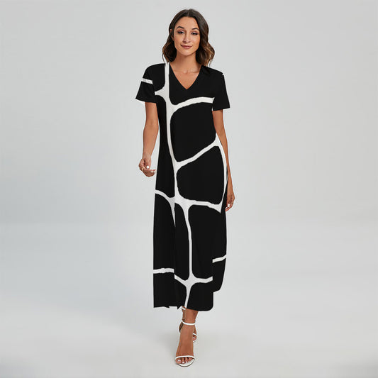 Black And White Giraffe Pattern Print Short Sleeve Maxi Dress