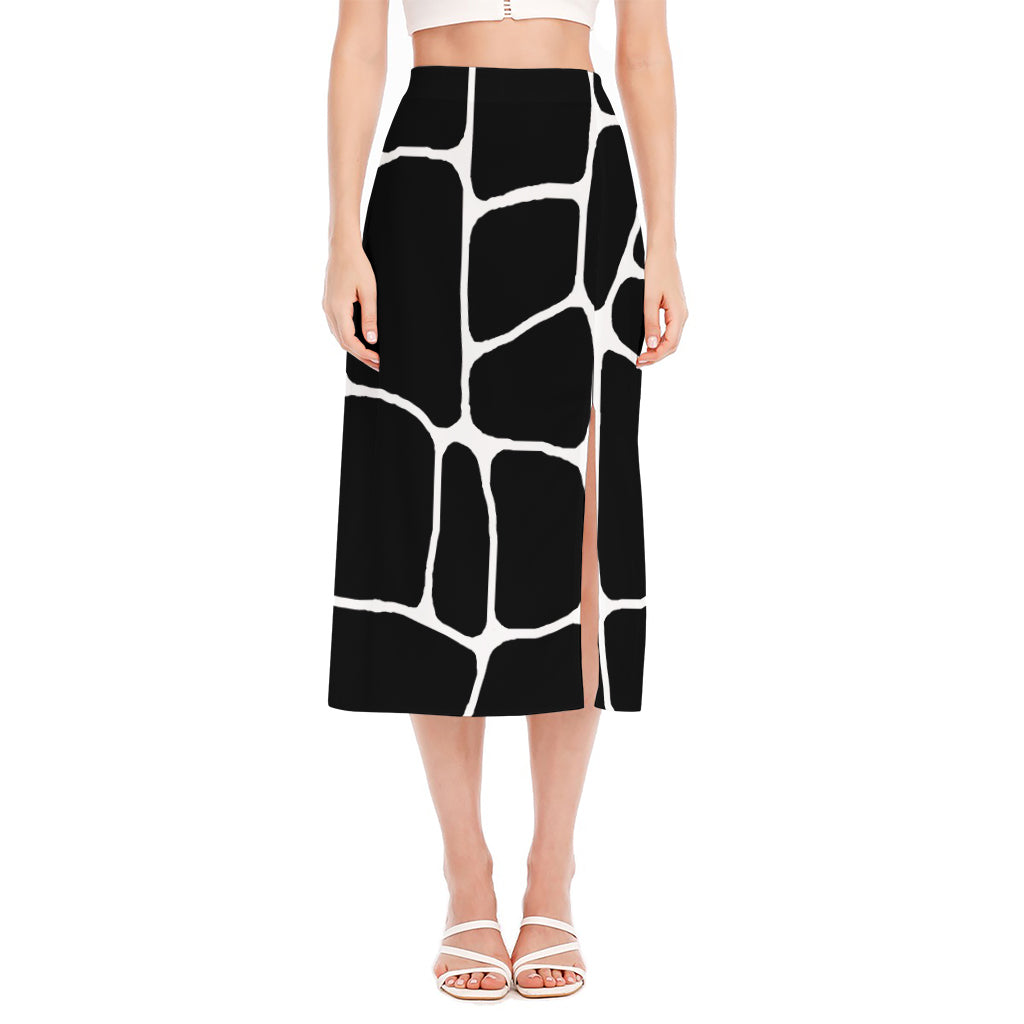 Black And White Giraffe Pattern Print Side Slit Midi Skirt