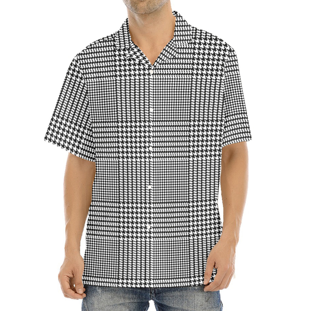 Black And White Glen Plaid Print Aloha Shirt