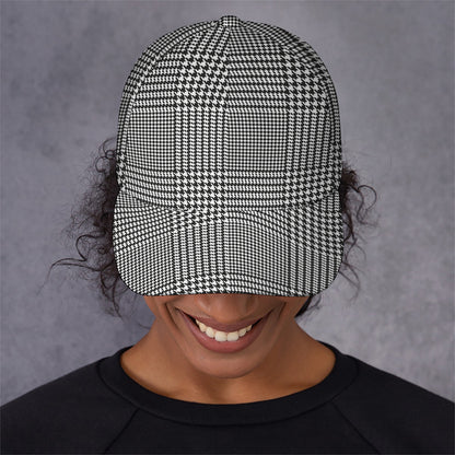 Black And White Glen Plaid Print Baseball Cap