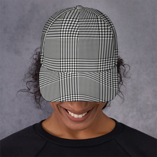 Black And White Glen Plaid Print Baseball Cap
