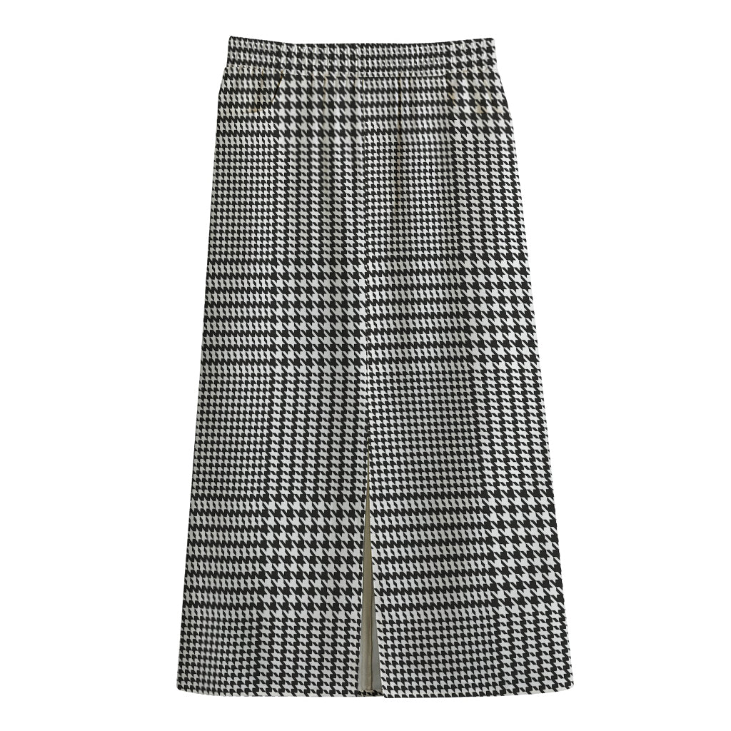 Black And White Glen Plaid Print Cotton Front Slit Maxi Skirt