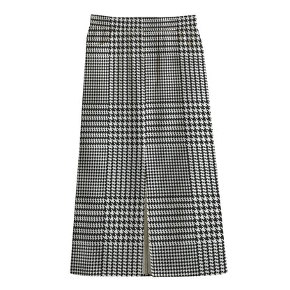 Black And White Glen Plaid Print Cotton Front Slit Maxi Skirt