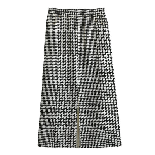 Black And White Glen Plaid Print Cotton Front Slit Maxi Skirt