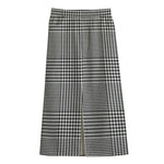 Black And White Glen Plaid Print Cotton Front Slit Maxi Skirt