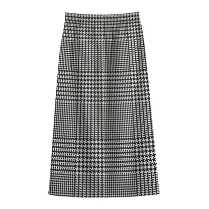 Black And White Glen Plaid Print Cotton Front Slit Maxi Skirt