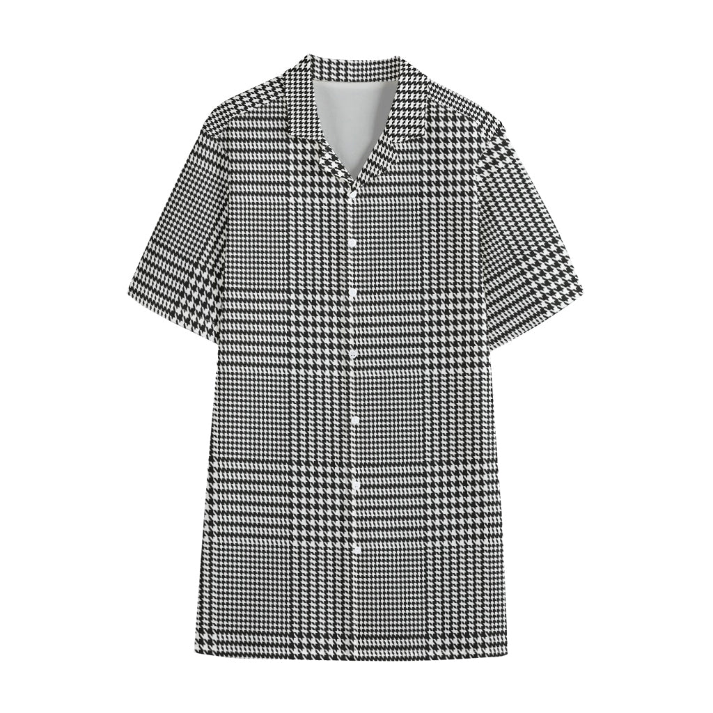 Black And White Glen Plaid Print Cotton Hawaiian Shirt