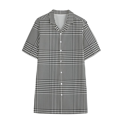 Black And White Glen Plaid Print Cotton Hawaiian Shirt