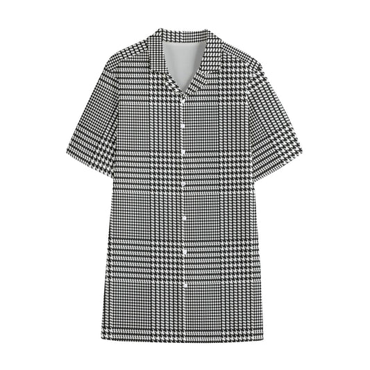 Black And White Glen Plaid Print Cotton Hawaiian Shirt