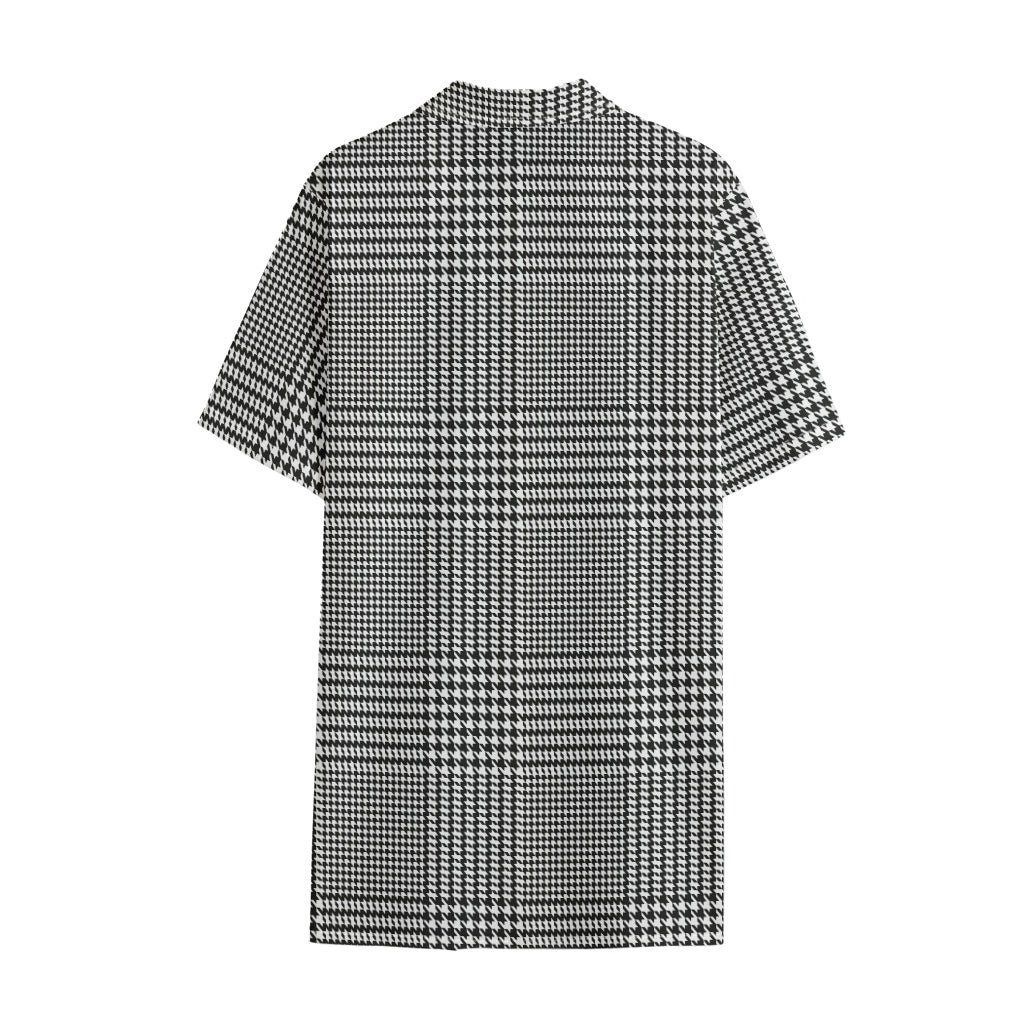 Black And White Glen Plaid Print Cotton Hawaiian Shirt