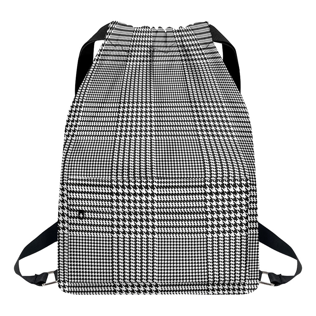Black And White Glen Plaid Print Drawstring Backpack
