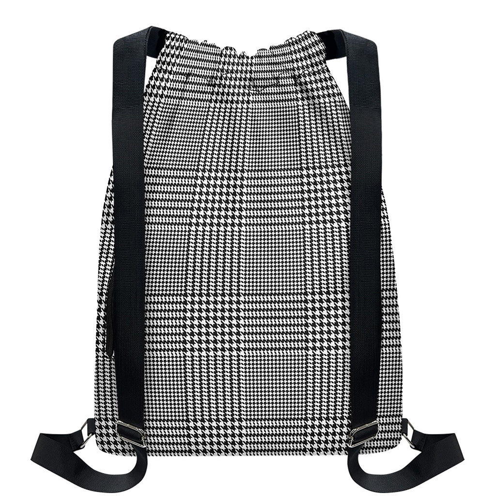 Black And White Glen Plaid Print Drawstring Backpack