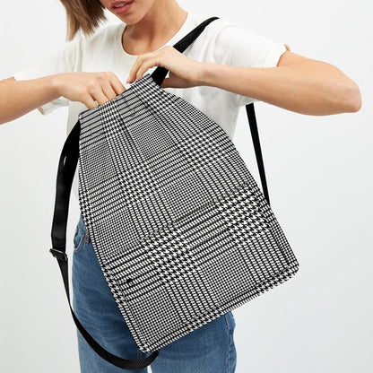 Black And White Glen Plaid Print Drawstring Backpack