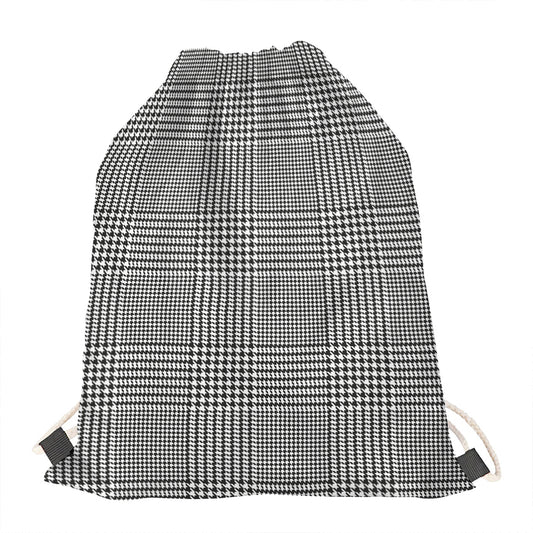 Black And White Glen Plaid Print Drawstring Bag