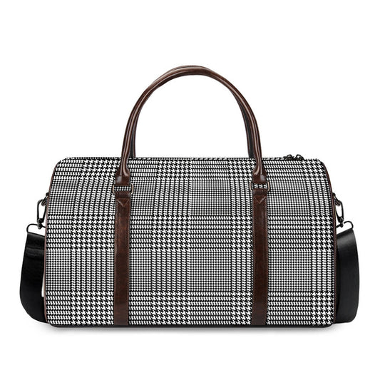 Black And White Glen Plaid Print Duffle Bag
