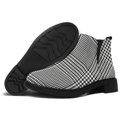 Black And White Glen Plaid Print Flat Ankle Boots