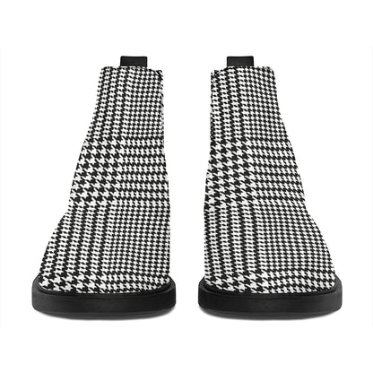Black And White Glen Plaid Print Flat Ankle Boots