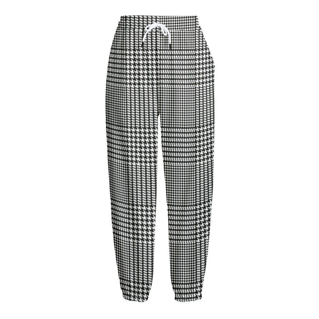 Black And White Glen Plaid Print Fleece Lined Knit Pants