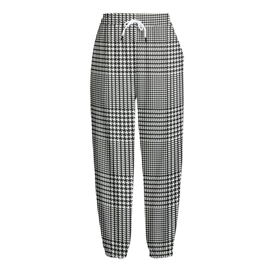 Black And White Glen Plaid Print Fleece Lined Knit Pants