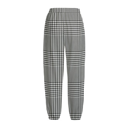 Black And White Glen Plaid Print Fleece Lined Knit Pants