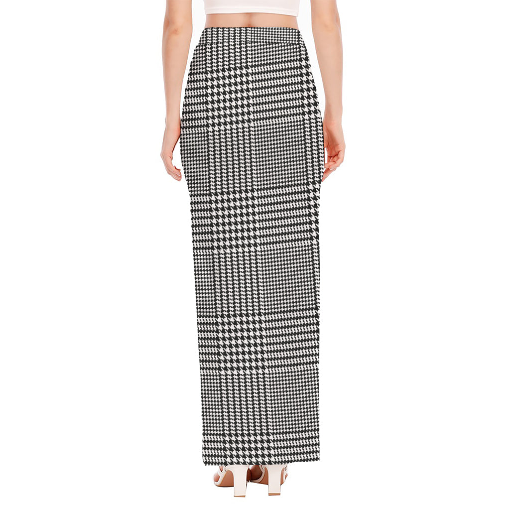 Black And White Glen Plaid Print High Slit Maxi Skirt
