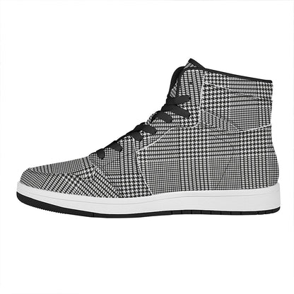 Black And White Glen Plaid Print High Top Leather Sneakers