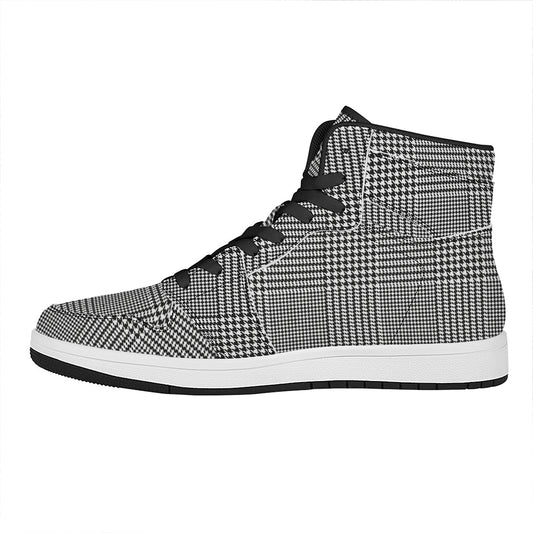 Black And White Glen Plaid Print High Top Leather Sneakers